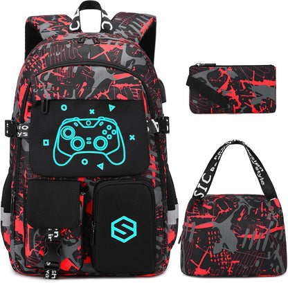 Boys Backpack, Cool Luminous School Backpacks for Boys with Lunch Bag Pencil Case, Kids Backpack Kindergarten Elementary Middle School Book Bags for Teen Boy Children with USB Charging Port