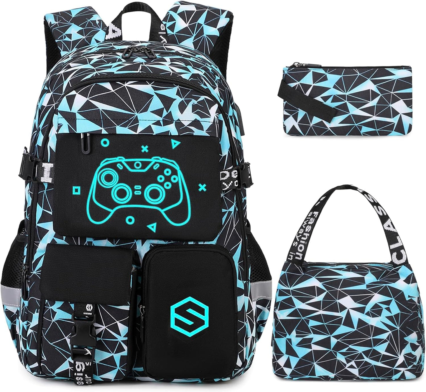 Boys Backpack, Cool Luminous School Backpacks for Boys with Lunch Bag Pencil Case, Kids Backpack Kindergarten Elementary Middle School Book Bags for Teen Boy Children with USB Charging Port