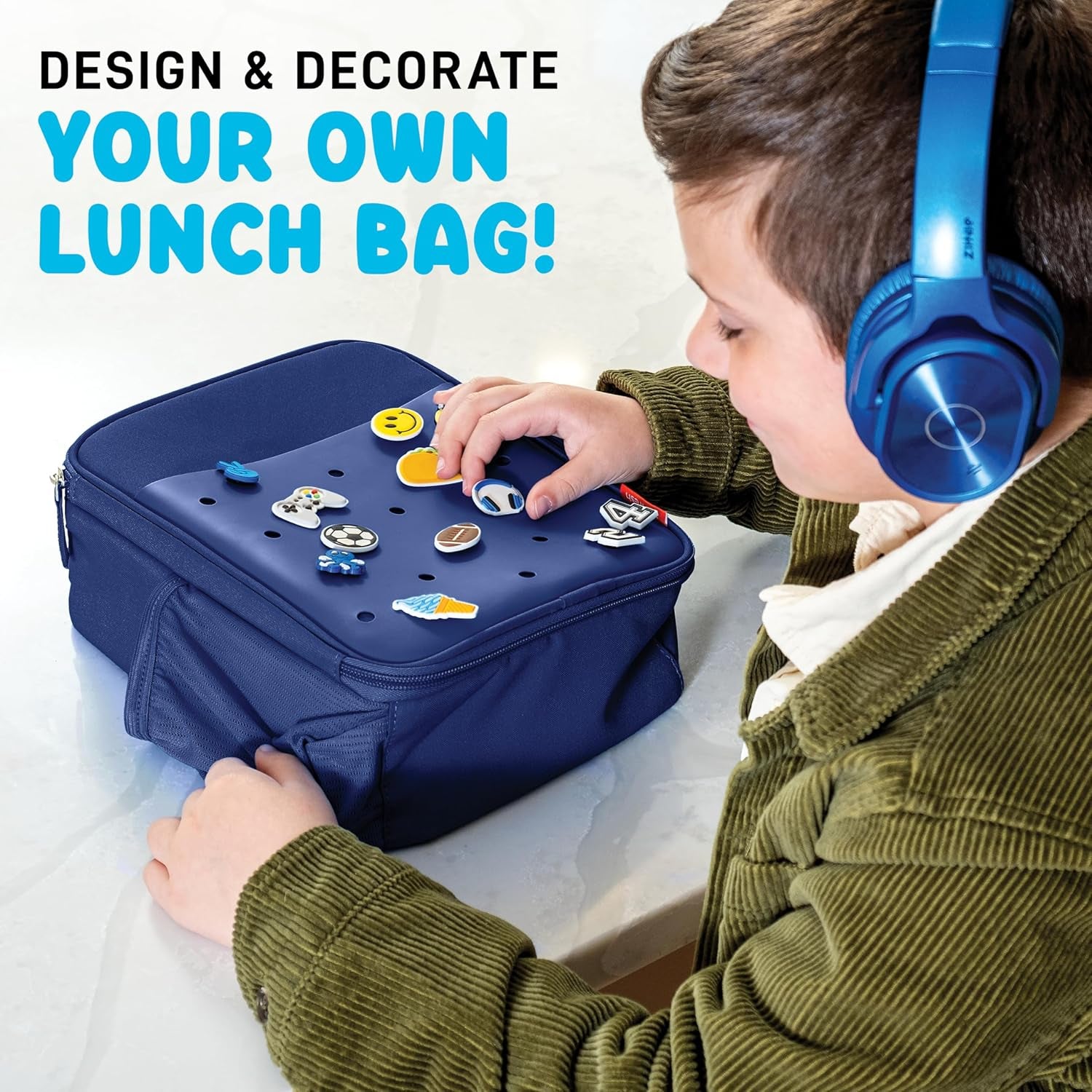 Charm Lunch Bag for Kids, Thermal Insulated Lunch Box for Kids Boys & Girls with Shoe Charm Slots for Personalization, School Lunch Box, Navy Blue