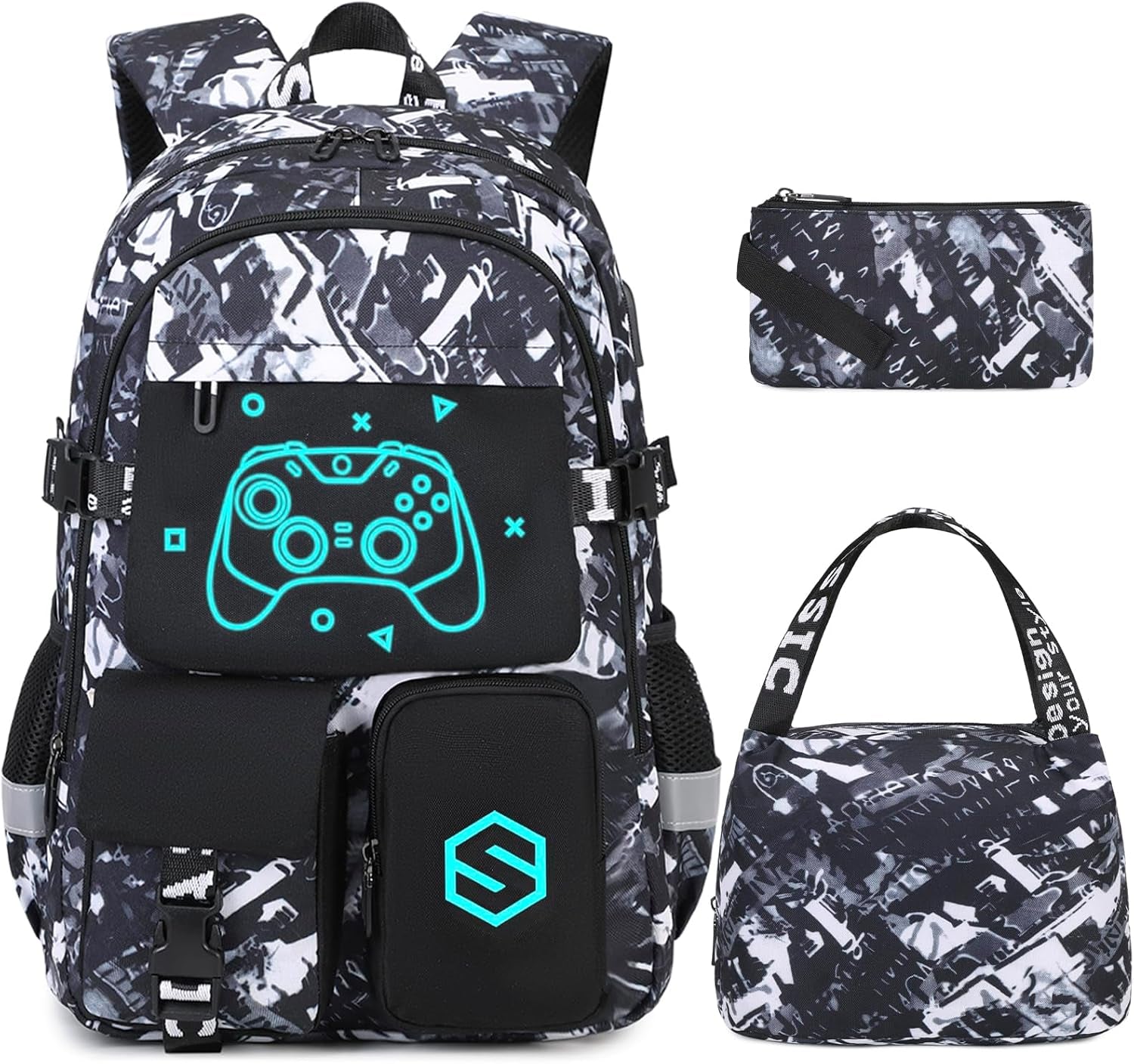 Boys Backpack, Cool Luminous School Backpacks for Boys with Lunch Bag Pencil Case, Kids Backpack Kindergarten Elementary Middle School Book Bags for Teen Boy Children with USB Charging Port