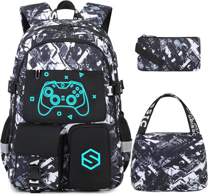 Boys Backpack, Cool Luminous School Backpacks for Boys with Lunch Bag Pencil Case, Kids Backpack Kindergarten Elementary Middle School Book Bags for Teen Boy Children with USB Charging Port