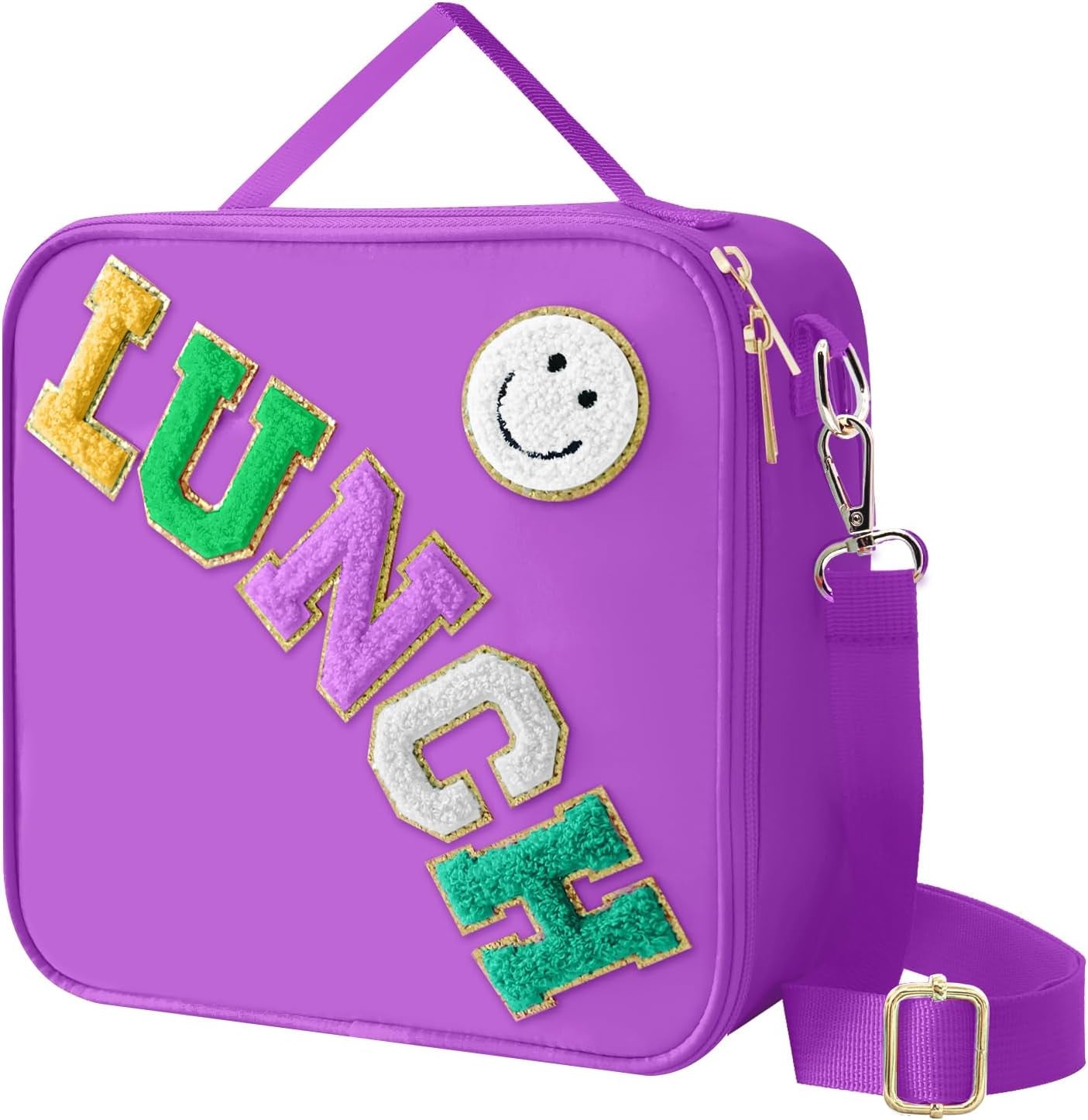 Insulated Lunch Bag with Adjustable Shoulder Strap, Nylon Preppy Lunch Box Large Insulated Lunch Bag Reusable Lunch Tote Bag with Smiley Preppy Lunchbag for Girls School Travel Picnic (Purple)