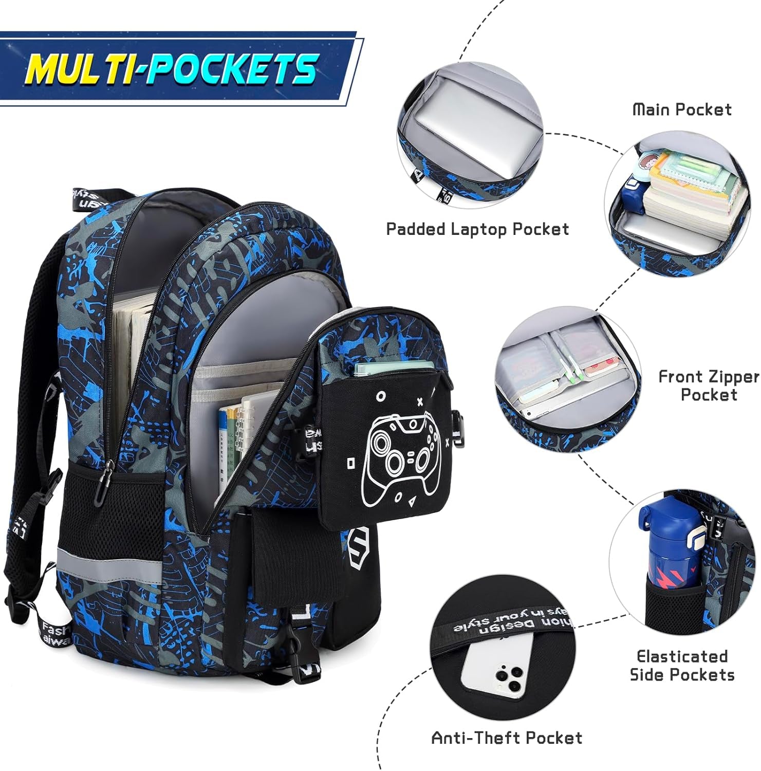 Boys Backpack, Cool Luminous School Backpacks for Boys with Lunch Bag Pencil Case, Kids Backpack Kindergarten Elementary Middle School Book Bags for Teen Boy Children with USB Charging Port