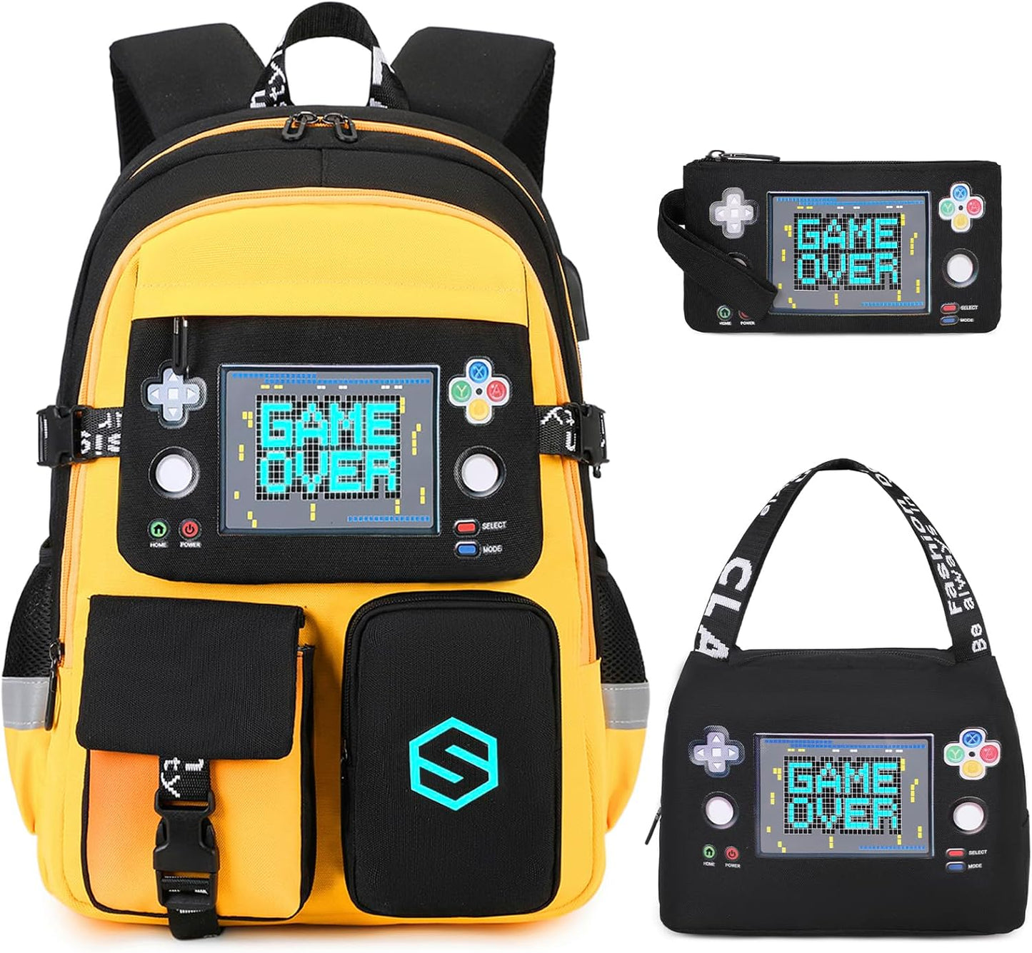 Boys Backpack, Cool Luminous School Backpacks for Boys with Lunch Bag Pencil Case, Kids Backpack Kindergarten Elementary Middle School Book Bags for Teen Boy Children with USB Charging Port