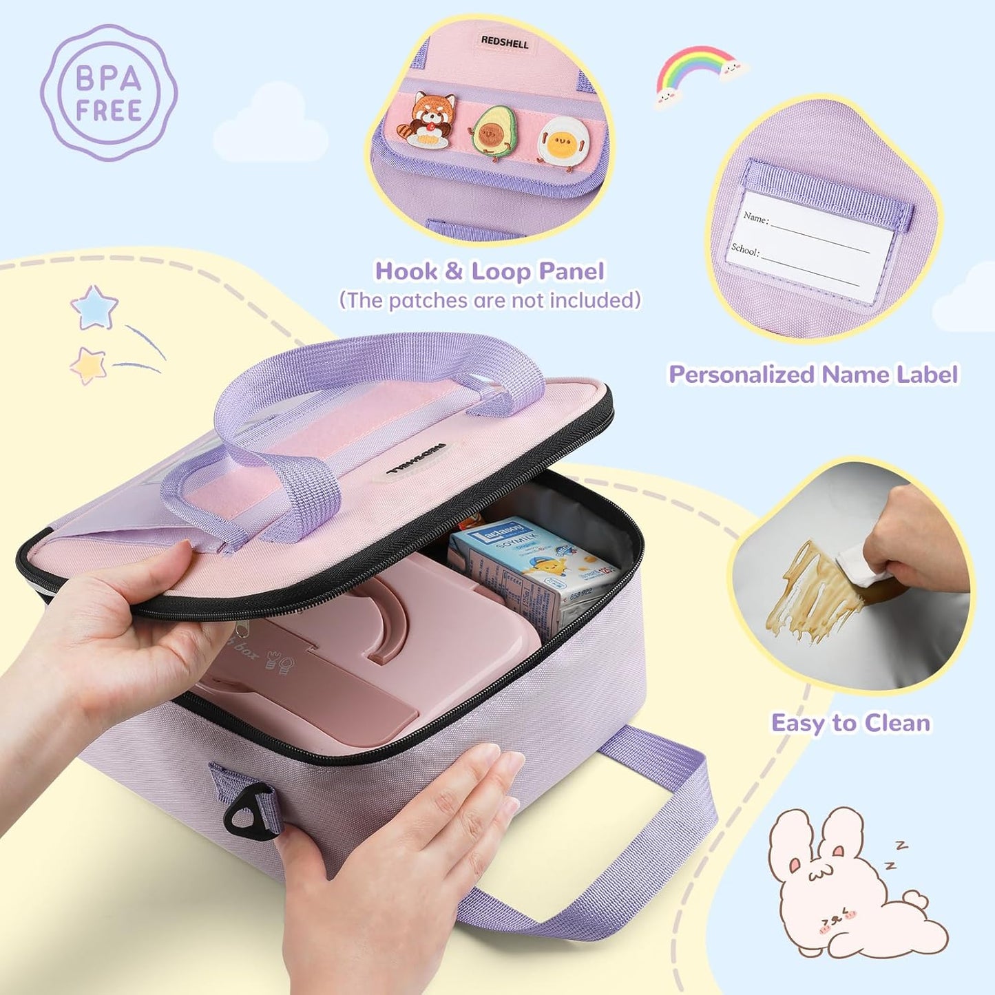 Tactical Lunch Box Kids, Large Insulated Lunch Bag for Girls, Cooler Lunchbag, Square Toddler Lunchbox, Back to School Daycare Lunch Tote Pail with Water Bottle Holder Shoulder Strap, Purple