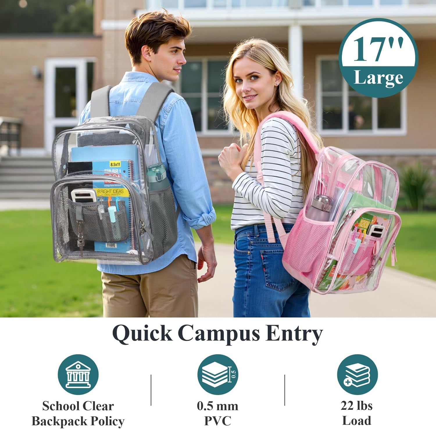 Clear Backpack - 17 Inch Heavy Duty Clear Backpacks for School, Large Transparent Bookbag for Students (Age 12+)