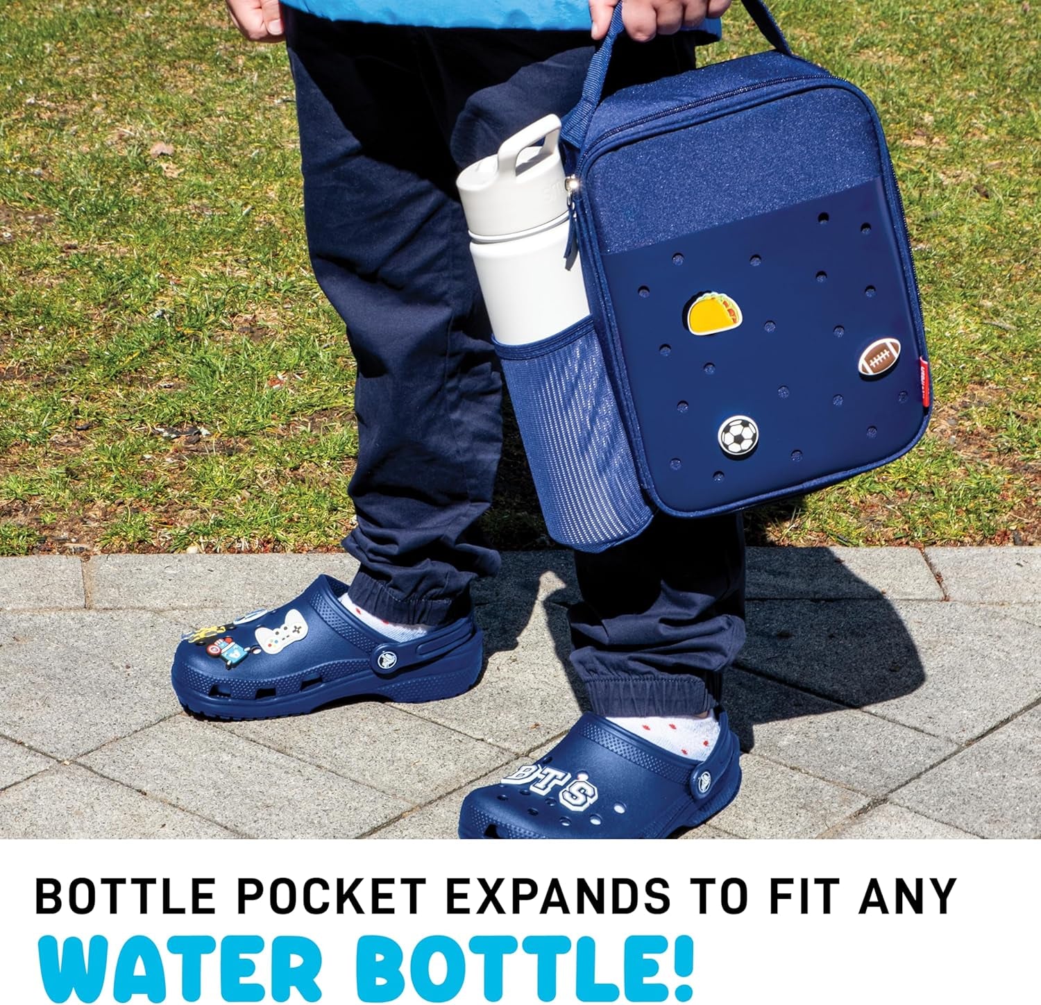 Charm Lunch Bag for Kids, Thermal Insulated Lunch Box for Kids Boys & Girls with Shoe Charm Slots for Personalization, School Lunch Box, Navy Blue