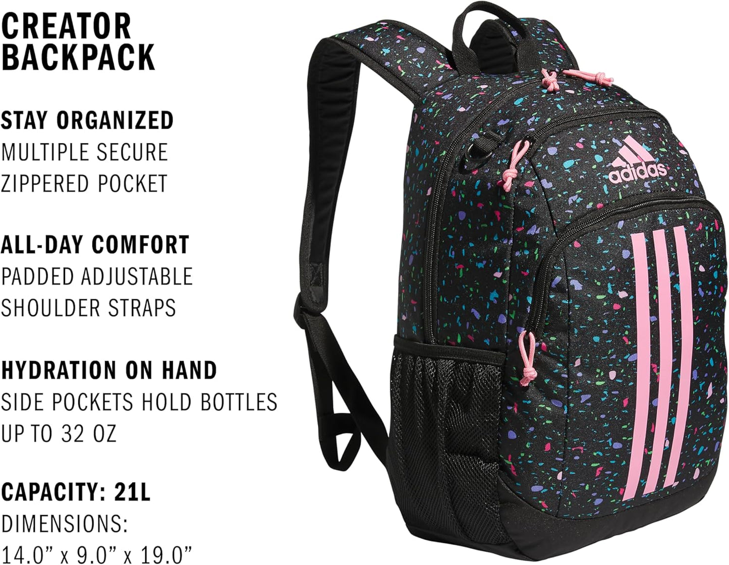 Creator Laptop Backpack for Women and Men, Comfortable and Durable Small Athletic Bag, Speckle Black/Bliss Pink/Black, One Size