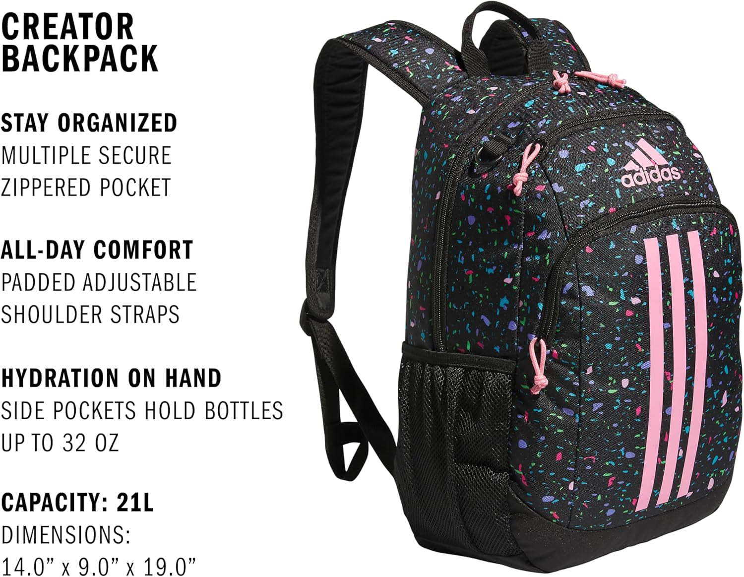 Creator Laptop Backpack for Women and Men, Comfortable and Durable Small Athletic Bag, Speckle Black/Bliss Pink/Black, One Size