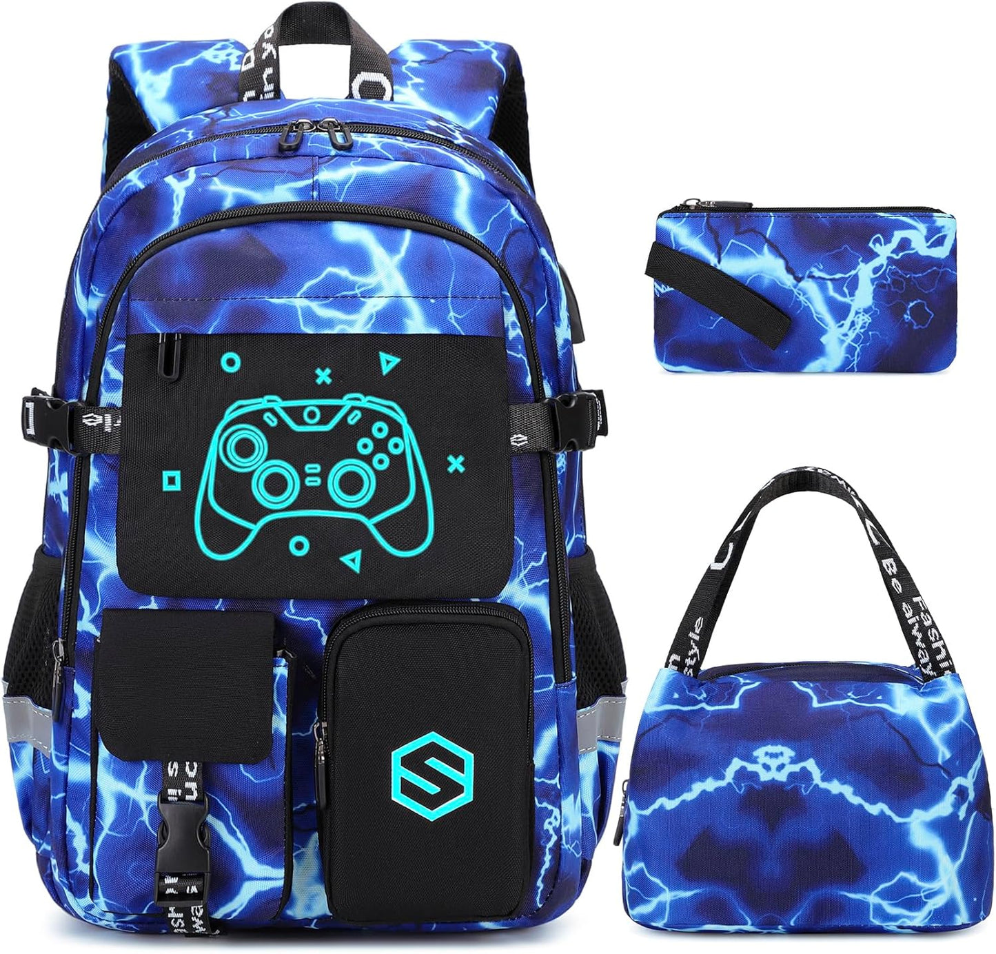 Boys Backpack, Cool Luminous School Backpacks for Boys with Lunch Bag Pencil Case, Kids Backpack Kindergarten Elementary Middle School Book Bags for Teen Boy Children with USB Charging Port