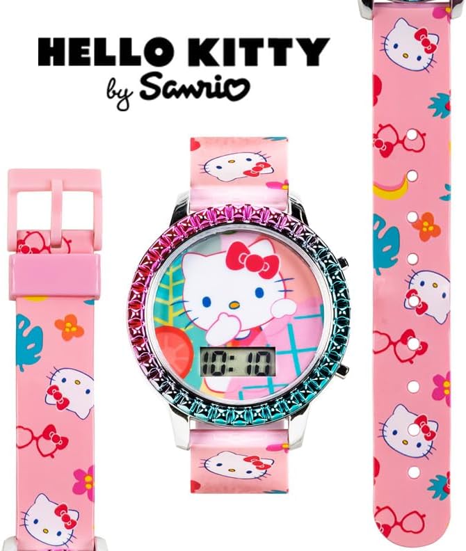 Sanrio Hello Kitty Girls' Digital LCD Quartz Watch with Pink Strap and Colorful Bezel - Fun LED Light Show - Easy to Read Time for Kids - Fits Wrist 5.5"-8"