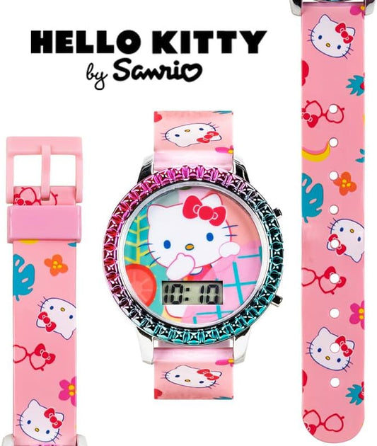 Sanrio Hello Kitty Girls' Digital LCD Quartz Watch with Pink Strap and Colorful Bezel - Fun LED Light Show - Easy to Read Time for Kids - Fits Wrist 5.5"-8"