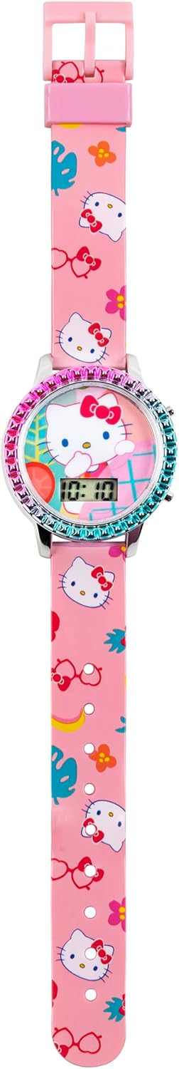 Sanrio Hello Kitty Girls' Digital LCD Quartz Watch with Pink Strap and Colorful Bezel - Fun LED Light Show - Easy to Read Time for Kids - Fits Wrist 5.5"-8"