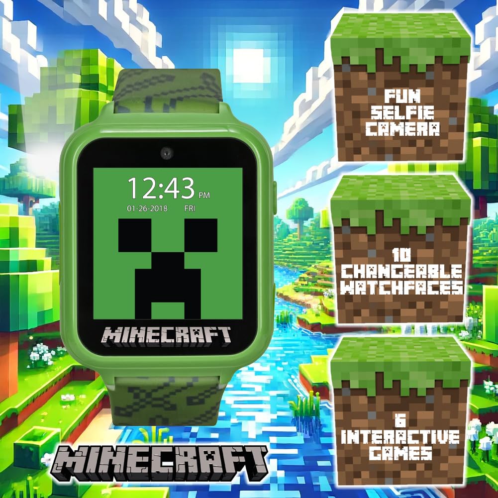 Minecraft Kids Smart Watch – Touchscreen Interactive Watch with 10 Customizable Clock Faces, Built-In Camera, Video Recorder, Alarm, Calculator, Games & Pedometer – Fits Wrists 5.5" to 8"