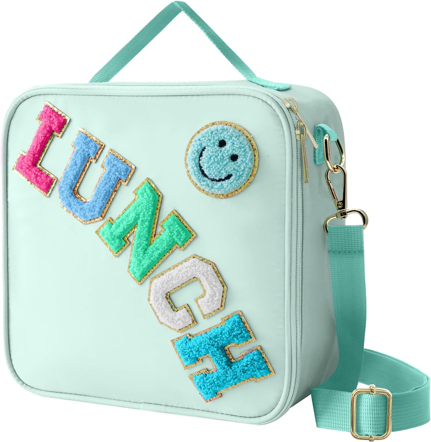 Insulated Lunch Bag with Adjustable Shoulder Strap, Nylon Preppy Lunch Box Large Insulated Lunch Bag Reusable Lunch Tote Bag with Smiley Preppy Lunchbag for Girls School Travel Picnic (Purple)