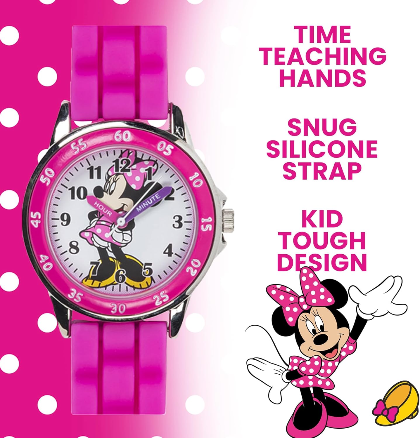 Minnie Mouse Time Teacher Watch for Girls - Analog Time Learning with Easy-To-Read Numbers and Comfortable Silicone Band