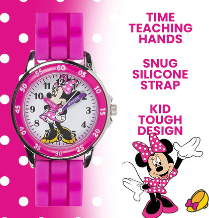 Minnie Mouse Time Teacher Watch for Girls - Analog Time Learning with Easy-To-Read Numbers and Comfortable Silicone Band