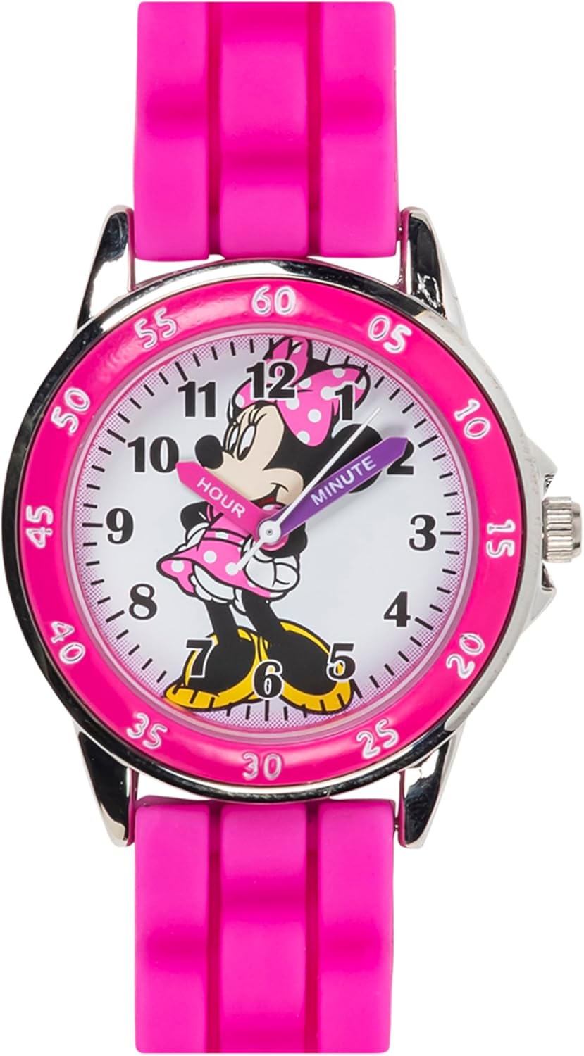 Minnie Mouse Time Teacher Watch for Girls - Analog Time Learning with Easy-To-Read Numbers and Comfortable Silicone Band