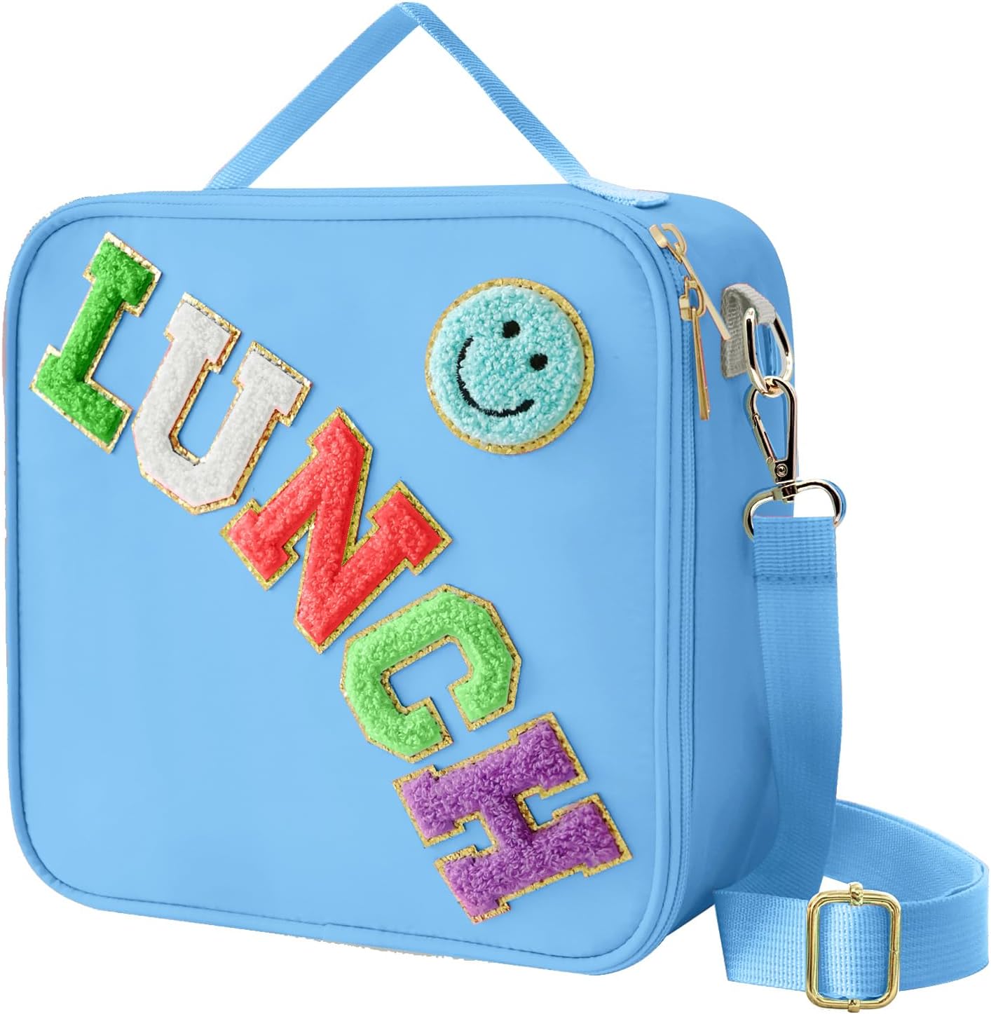 Insulated Lunch Bag with Adjustable Shoulder Strap, Nylon Preppy Lunch Box Large Insulated Lunch Bag Reusable Lunch Tote Bag with Smiley Preppy Lunchbag for Girls School Travel Picnic (Purple)