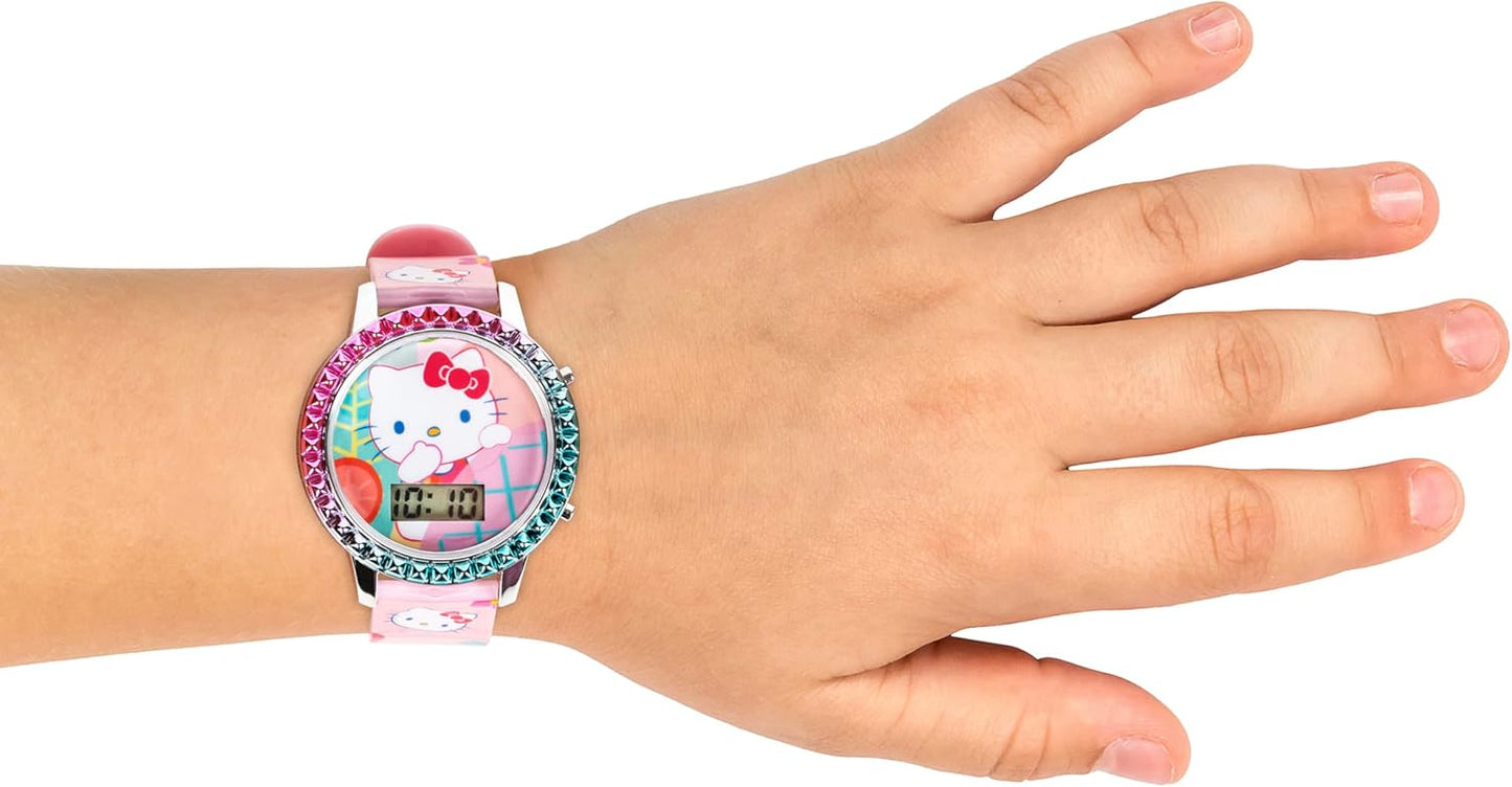 Sanrio Hello Kitty Girls' Digital LCD Quartz Watch with Pink Strap and Colorful Bezel - Fun LED Light Show - Easy to Read Time for Kids - Fits Wrist 5.5"-8"