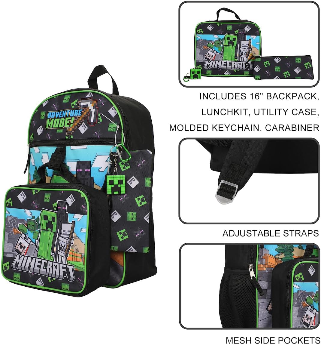 Minecraft Adventure Mode 5-Piece Backpack Set (Little Big Kid), Green, One Size