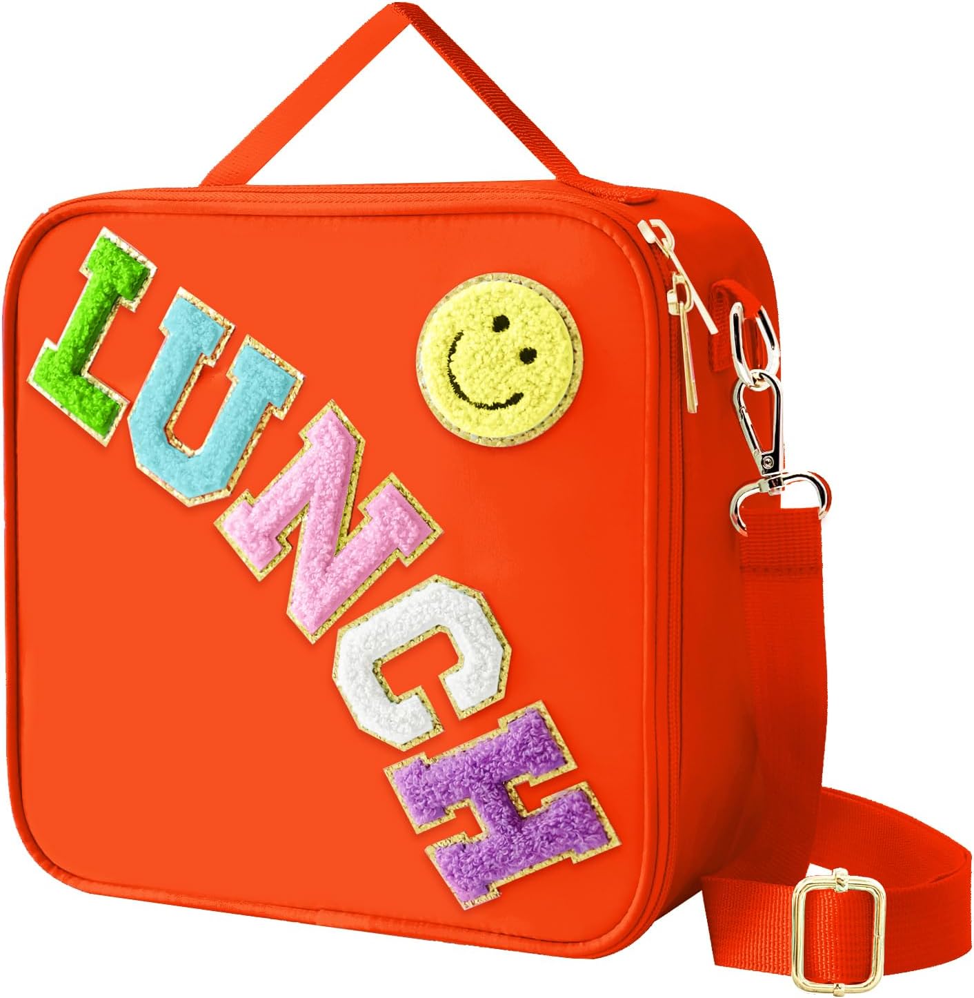 Insulated Lunch Bag with Adjustable Shoulder Strap, Nylon Preppy Lunch Box Large Insulated Lunch Bag Reusable Lunch Tote Bag with Smiley Preppy Lunchbag for Girls School Travel Picnic (Purple)