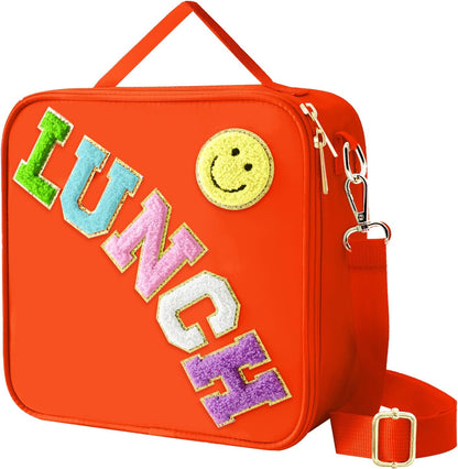 Insulated Lunch Bag with Adjustable Shoulder Strap, Nylon Preppy Lunch Box Large Insulated Lunch Bag Reusable Lunch Tote Bag with Smiley Preppy Lunchbag for Girls School Travel Picnic (Purple)