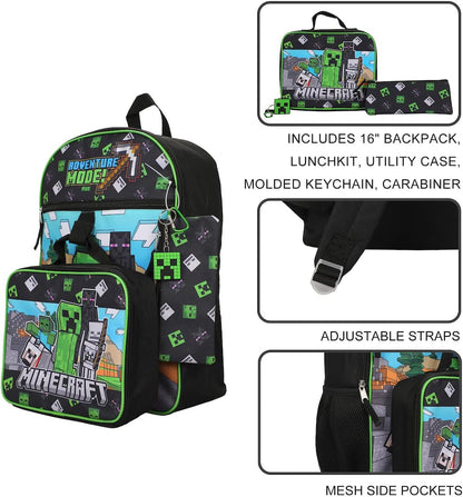 Minecraft Adventure Mode 5-Piece Backpack Set (Little Big Kid), Green, One Size