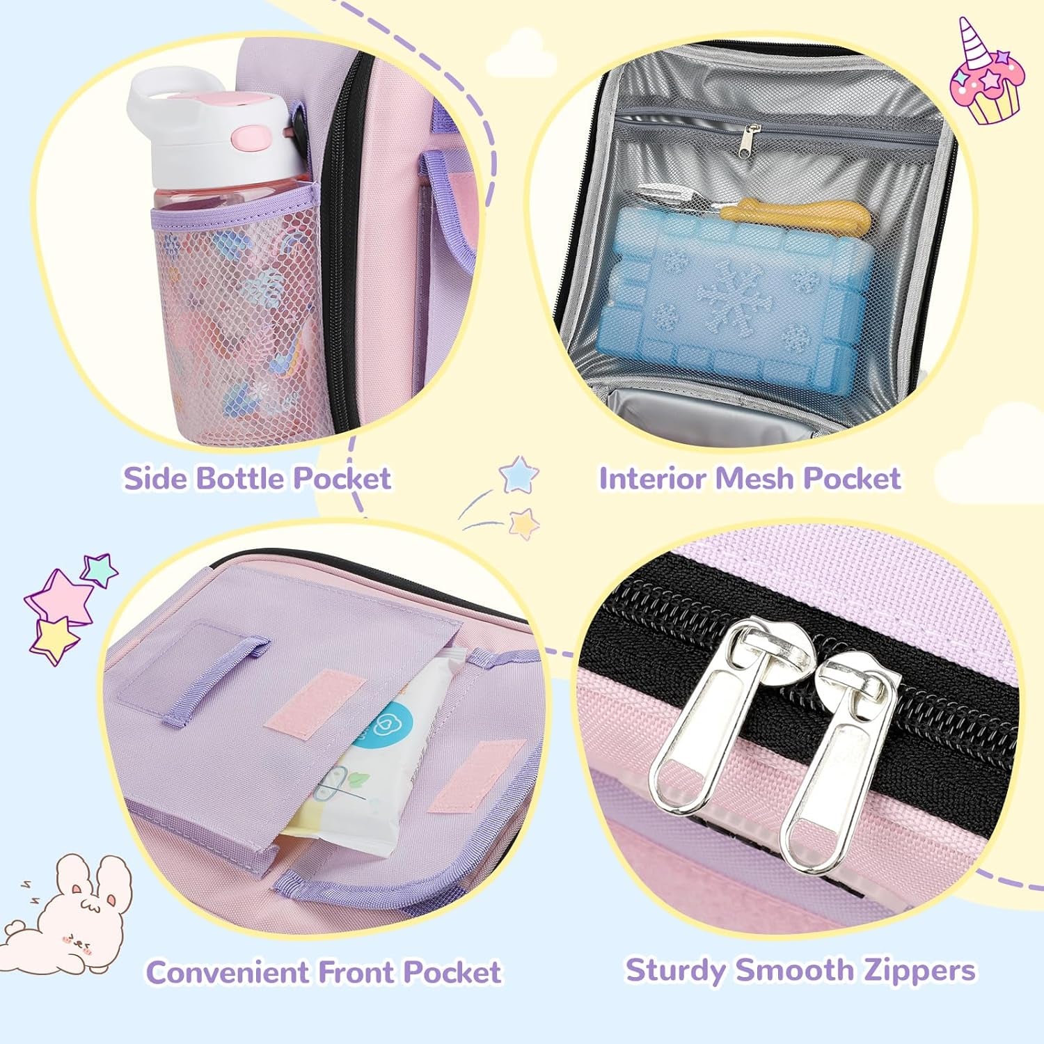 Tactical Lunch Box Kids, Large Insulated Lunch Bag for Girls, Cooler Lunchbag, Square Toddler Lunchbox, Back to School Daycare Lunch Tote Pail with Water Bottle Holder Shoulder Strap, Purple