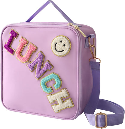 Insulated Lunch Bag with Adjustable Shoulder Strap, Nylon Preppy Lunch Box Large Insulated Lunch Bag Reusable Lunch Tote Bag with Smiley Preppy Lunchbag for Girls School Travel Picnic (Purple)