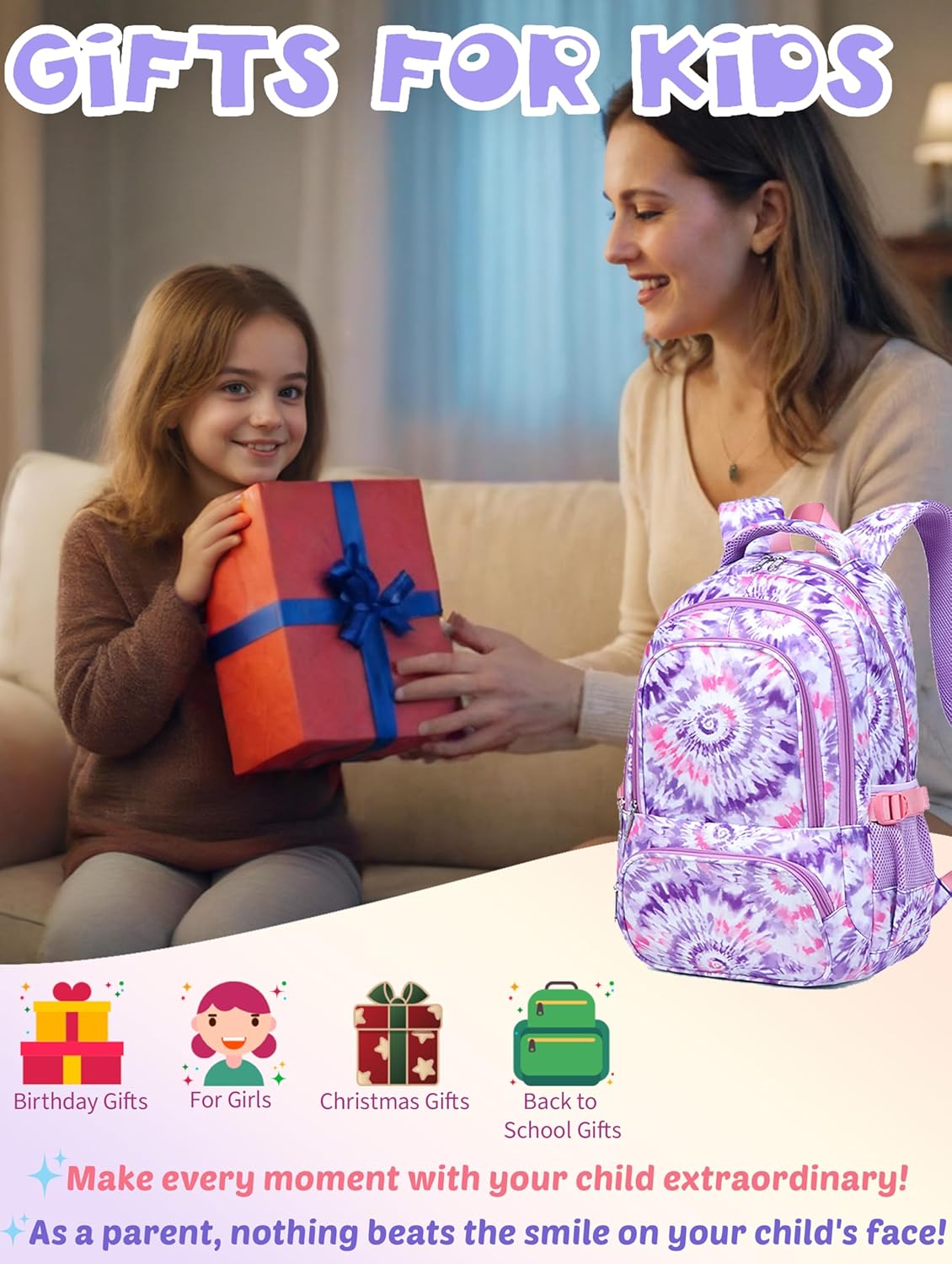 Kids Backpack for Girls Elementary Primary Middle School Bag for Aged 8-10 for Teens Childs Bookbag Back to School Bag Mochilas Escolares Para Niñas De 7 8 9 10 Tie-Dye Purple