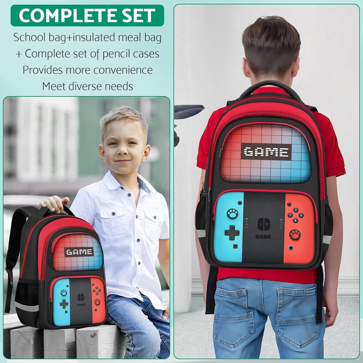 Kids Backpack for Boys，Gamer Boys Backpack for Children Teens Elementary Middle School, 17″ Students Bookbag