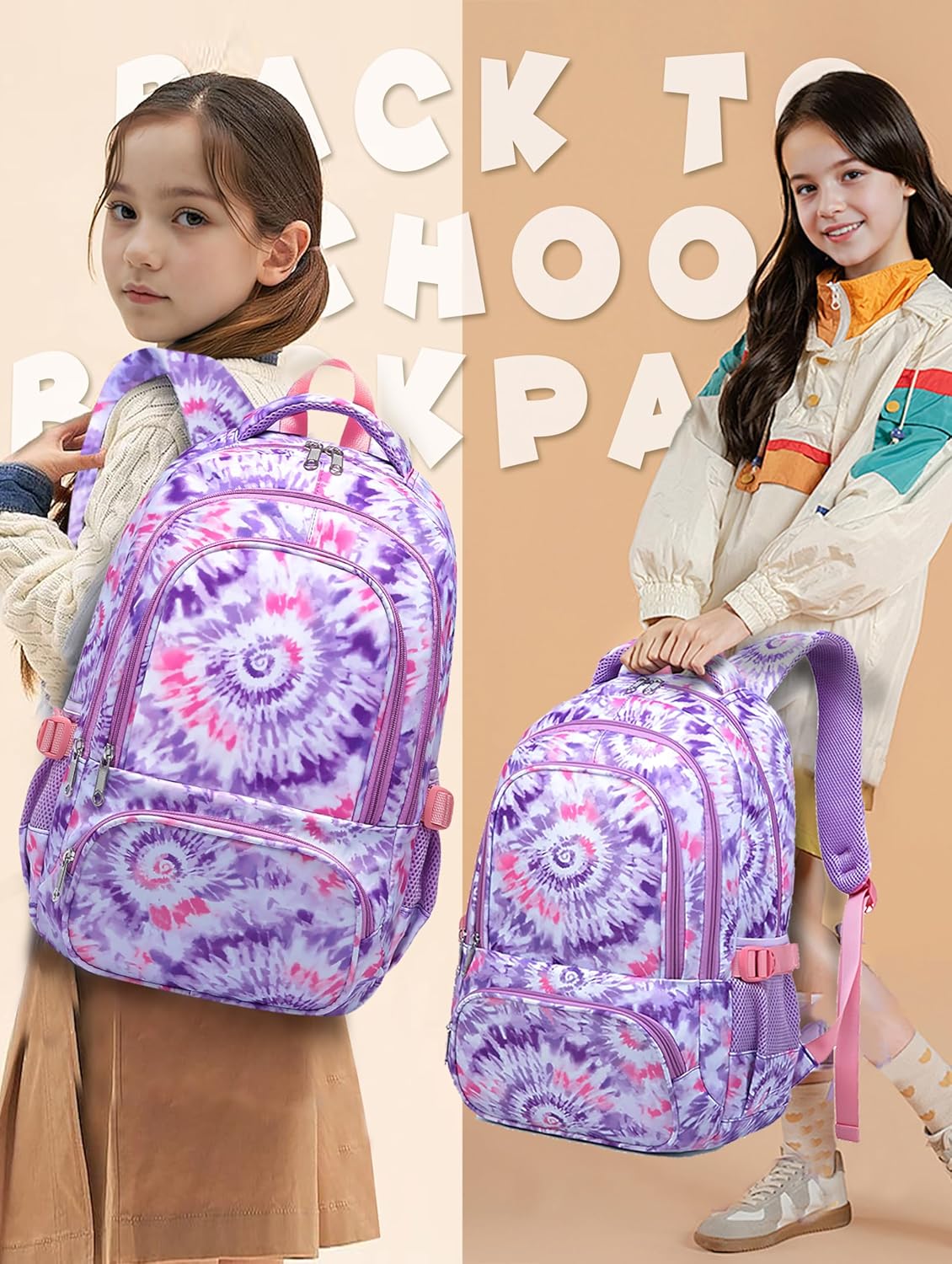 Kids Backpack for Girls Elementary Primary Middle School Bag for Aged 8-10 for Teens Childs Bookbag Back to School Bag Mochilas Escolares Para Niñas De 7 8 9 10 Tie-Dye Purple