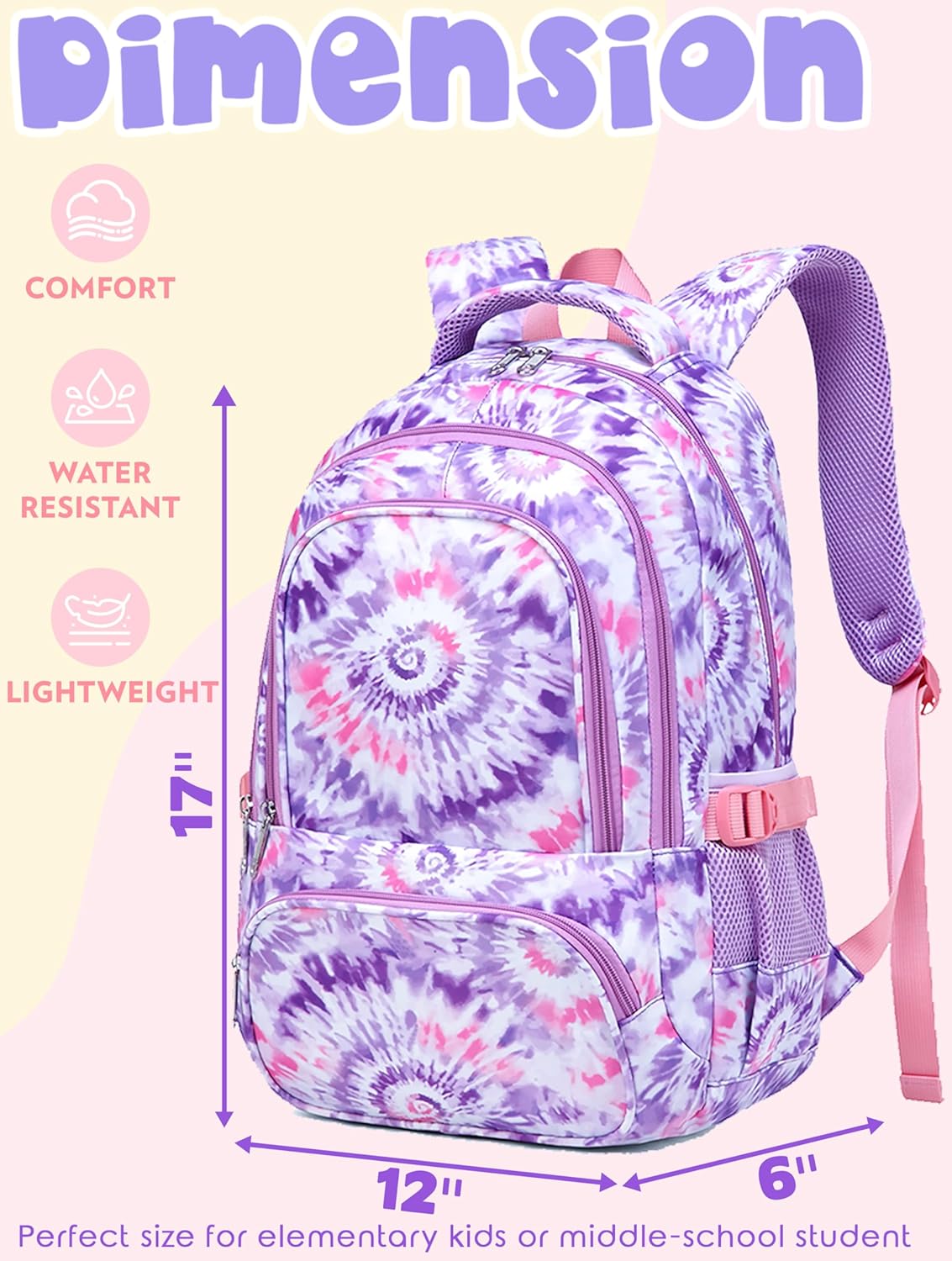 Kids Backpack for Girls Elementary Primary Middle School Bag for Aged 8-10 for Teens Childs Bookbag Back to School Bag Mochilas Escolares Para Niñas De 7 8 9 10 Tie-Dye Purple