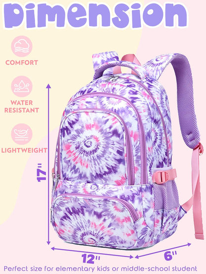 Kids Backpack for Girls Elementary Primary Middle School Bag for Aged 8-10 for Teens Childs Bookbag Back to School Bag Mochilas Escolares Para Niñas De 7 8 9 10 Tie-Dye Purple