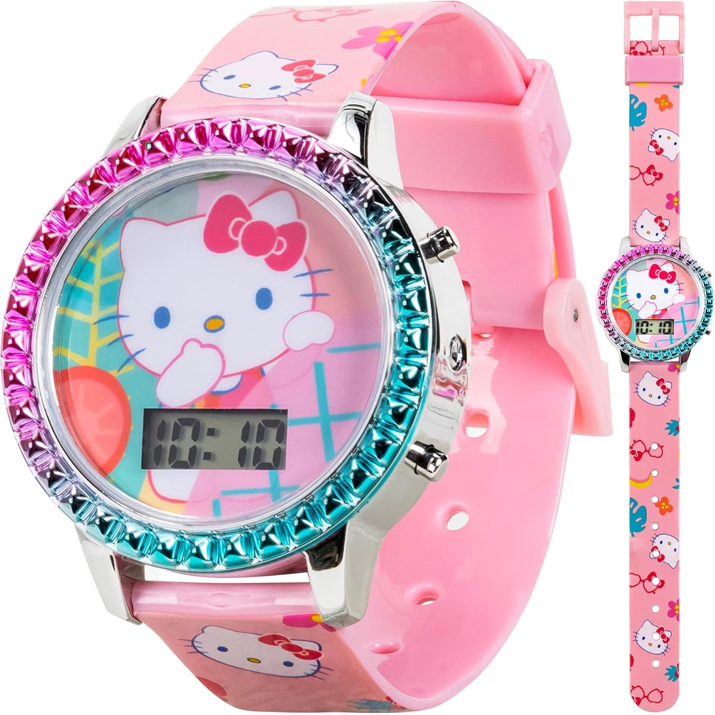 Sanrio Hello Kitty Girls' Digital LCD Quartz Watch with Pink Strap and Colorful Bezel - Fun LED Light Show - Easy to Read Time for Kids - Fits Wrist 5.5"-8"