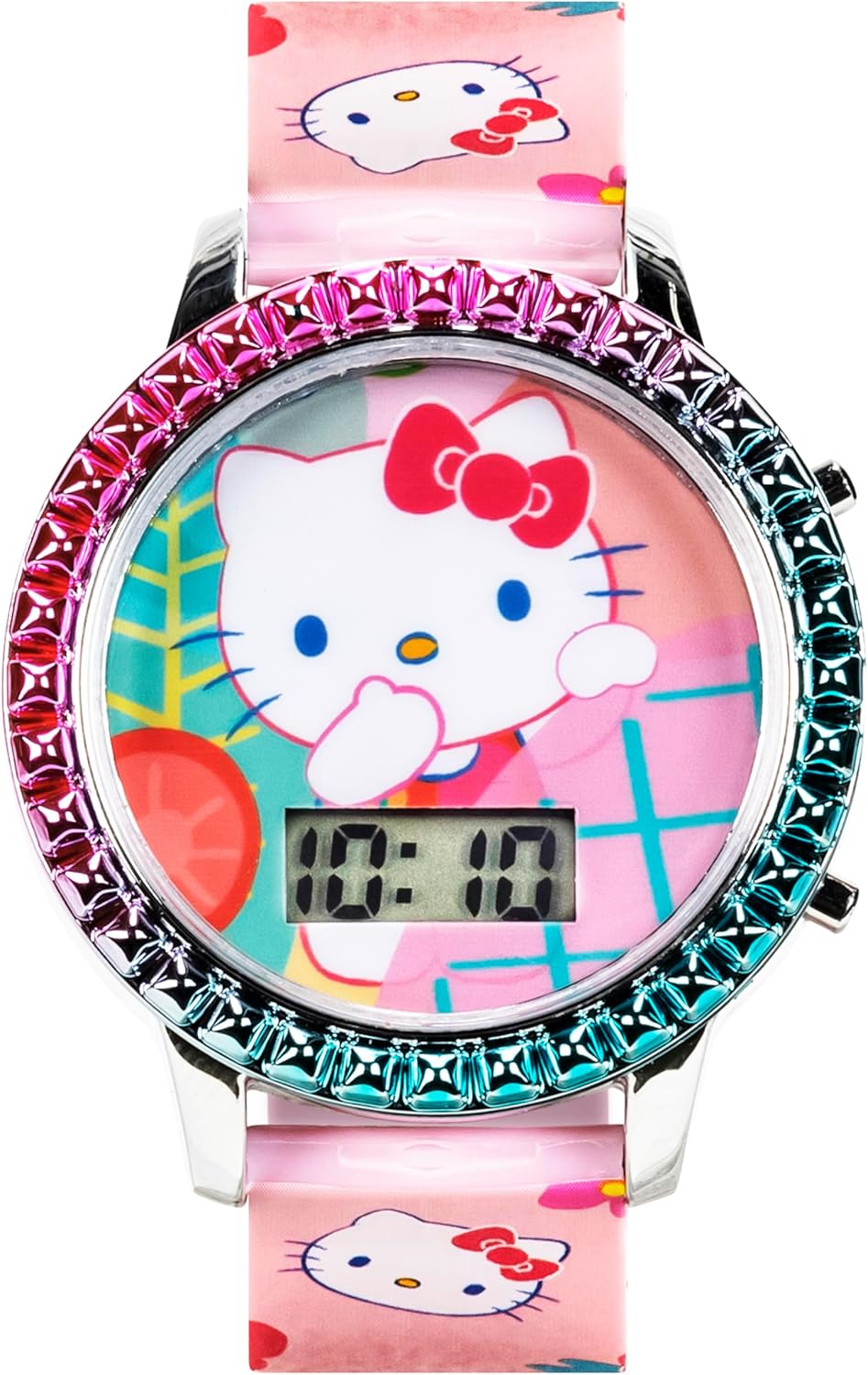 Sanrio Hello Kitty Girls' Digital LCD Quartz Watch with Pink Strap and Colorful Bezel - Fun LED Light Show - Easy to Read Time for Kids - Fits Wrist 5.5"-8"