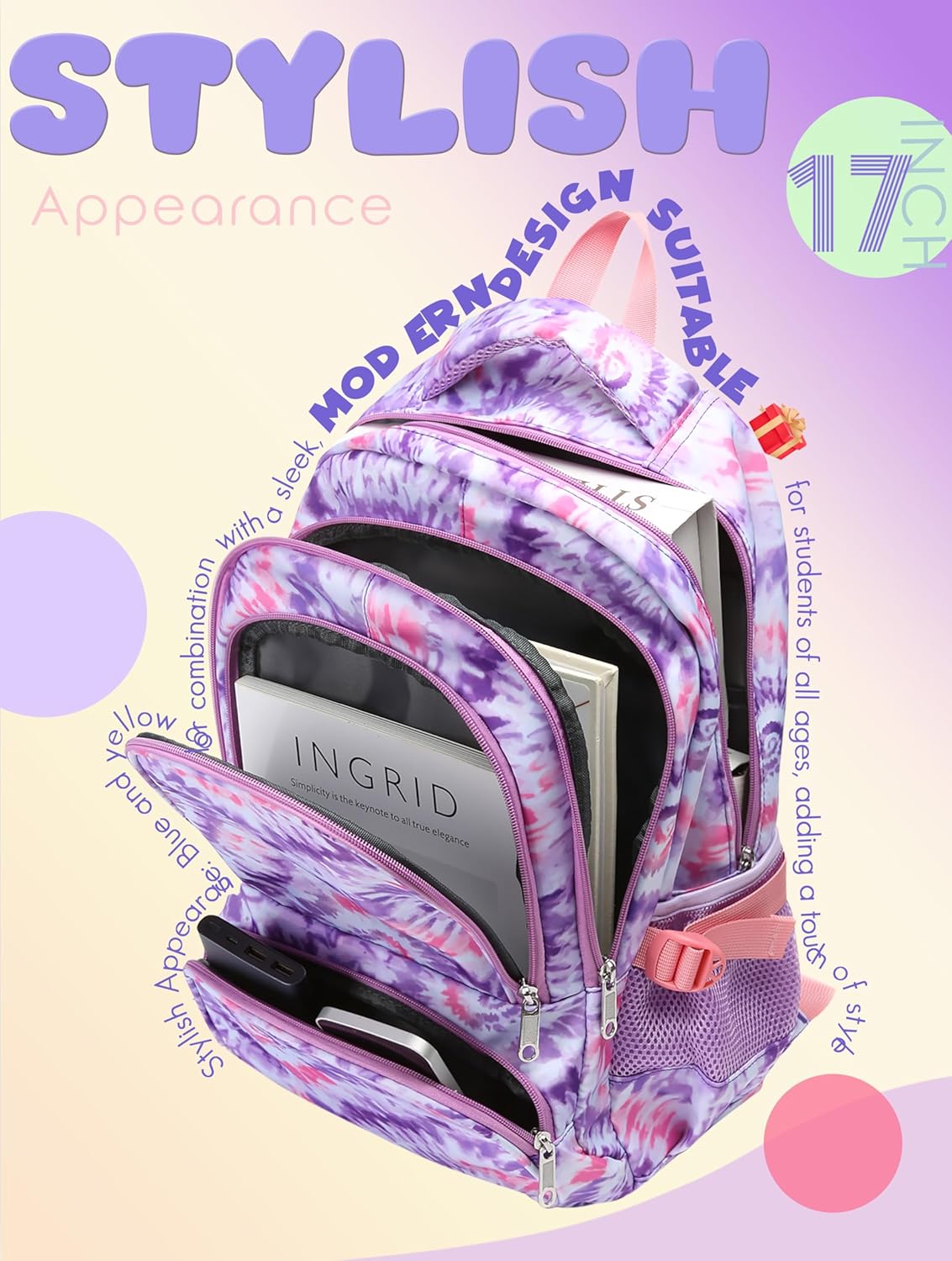 Kids Backpack for Girls Elementary Primary Middle School Bag for Aged 8-10 for Teens Childs Bookbag Back to School Bag Mochilas Escolares Para Niñas De 7 8 9 10 Tie-Dye Purple
