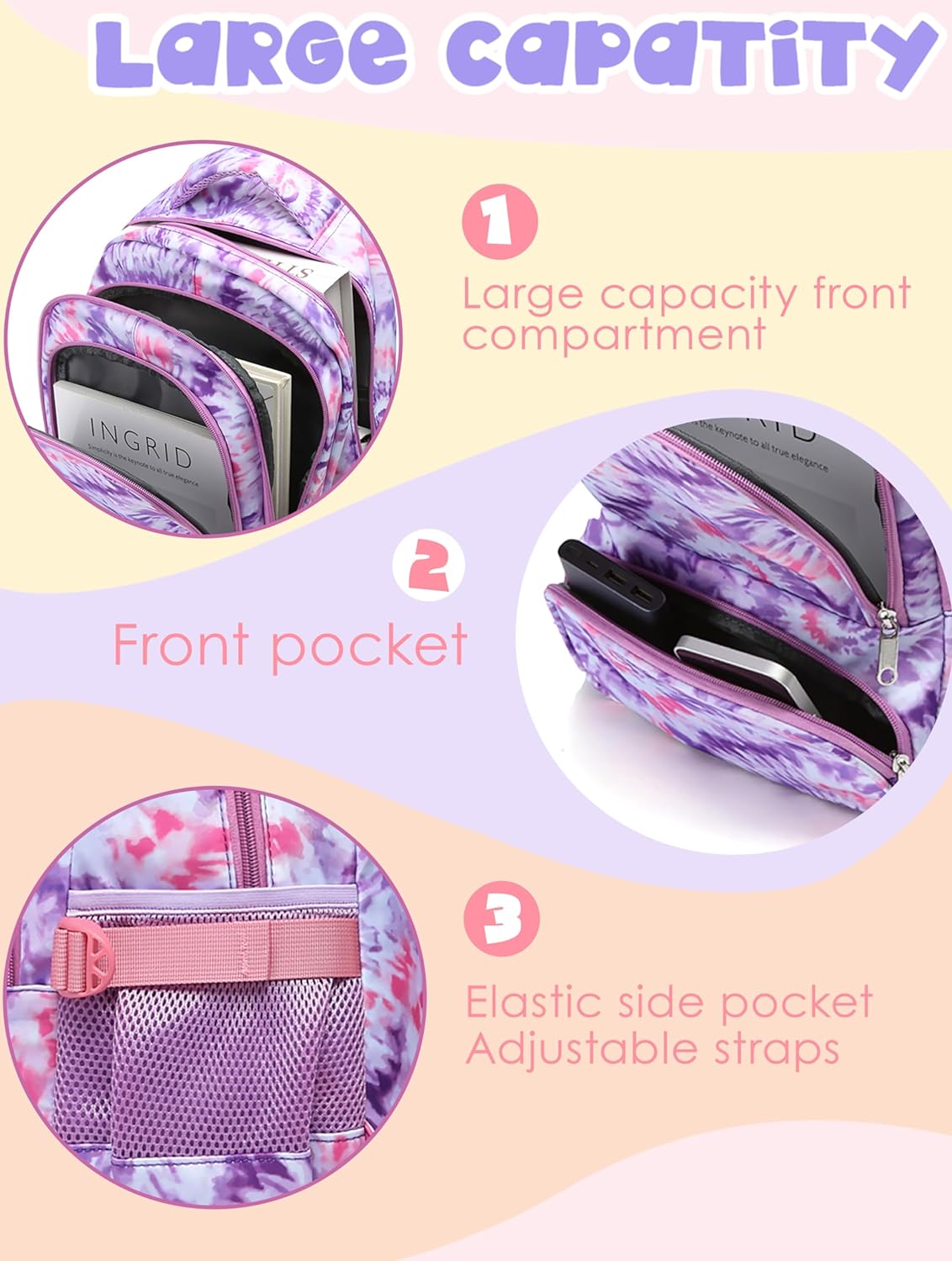 Kids Backpack for Girls Elementary Primary Middle School Bag for Aged 8-10 for Teens Childs Bookbag Back to School Bag Mochilas Escolares Para Niñas De 7 8 9 10 Tie-Dye Purple