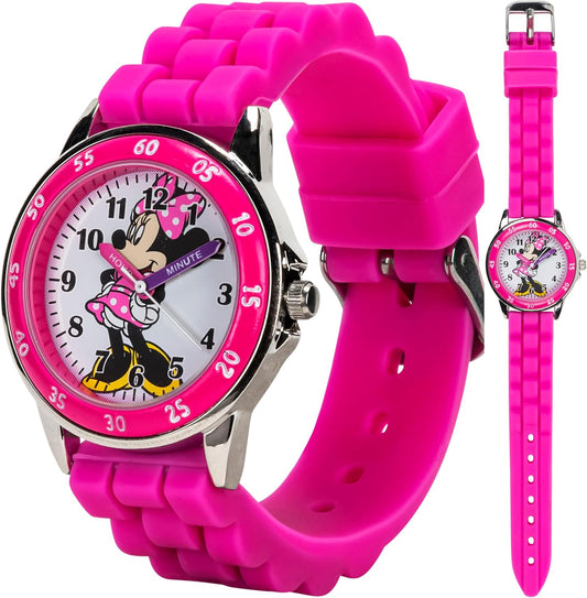 Minnie Mouse Time Teacher Watch for Girls - Analog Time Learning with Easy-To-Read Numbers and Comfortable Silicone Band
