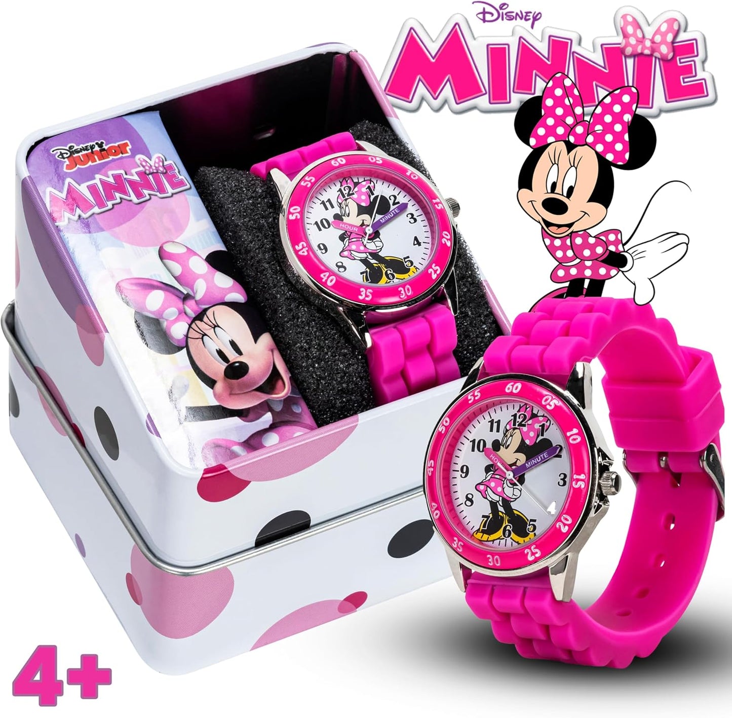 Minnie Mouse Time Teacher Watch for Girls - Analog Time Learning with Easy-To-Read Numbers and Comfortable Silicone Band