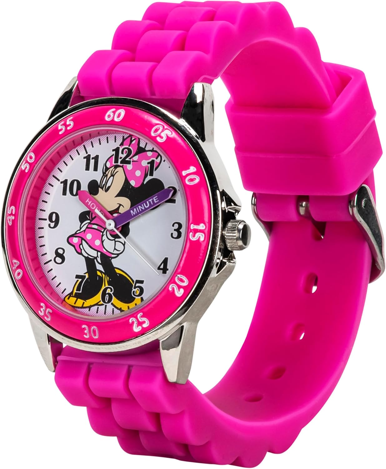 Minnie Mouse Time Teacher Watch for Girls - Analog Time Learning with Easy-To-Read Numbers and Comfortable Silicone Band