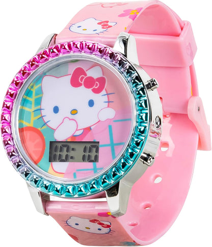 Sanrio Hello Kitty Girls' Digital LCD Quartz Watch with Pink Strap and Colorful Bezel - Fun LED Light Show - Easy to Read Time for Kids - Fits Wrist 5.5"-8"