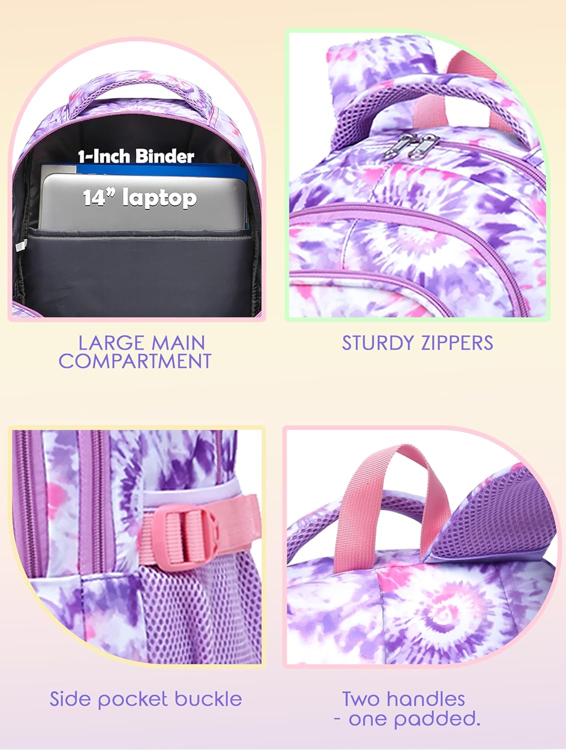 Kids Backpack for Girls Elementary Primary Middle School Bag for Aged 8-10 for Teens Childs Bookbag Back to School Bag Mochilas Escolares Para Niñas De 7 8 9 10 Tie-Dye Purple
