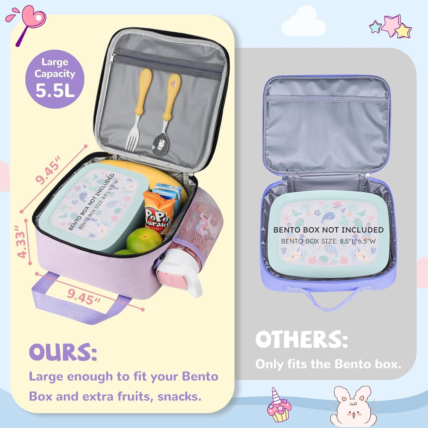 Tactical Lunch Box Kids, Large Insulated Lunch Bag for Girls, Cooler Lunchbag, Square Toddler Lunchbox, Back to School Daycare Lunch Tote Pail with Water Bottle Holder Shoulder Strap, Purple