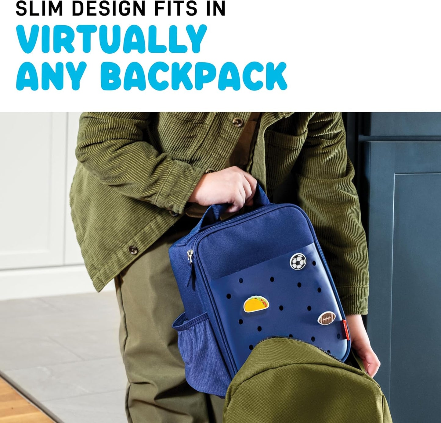 Charm Lunch Bag for Kids, Thermal Insulated Lunch Box for Kids Boys & Girls with Shoe Charm Slots for Personalization, School Lunch Box, Navy Blue