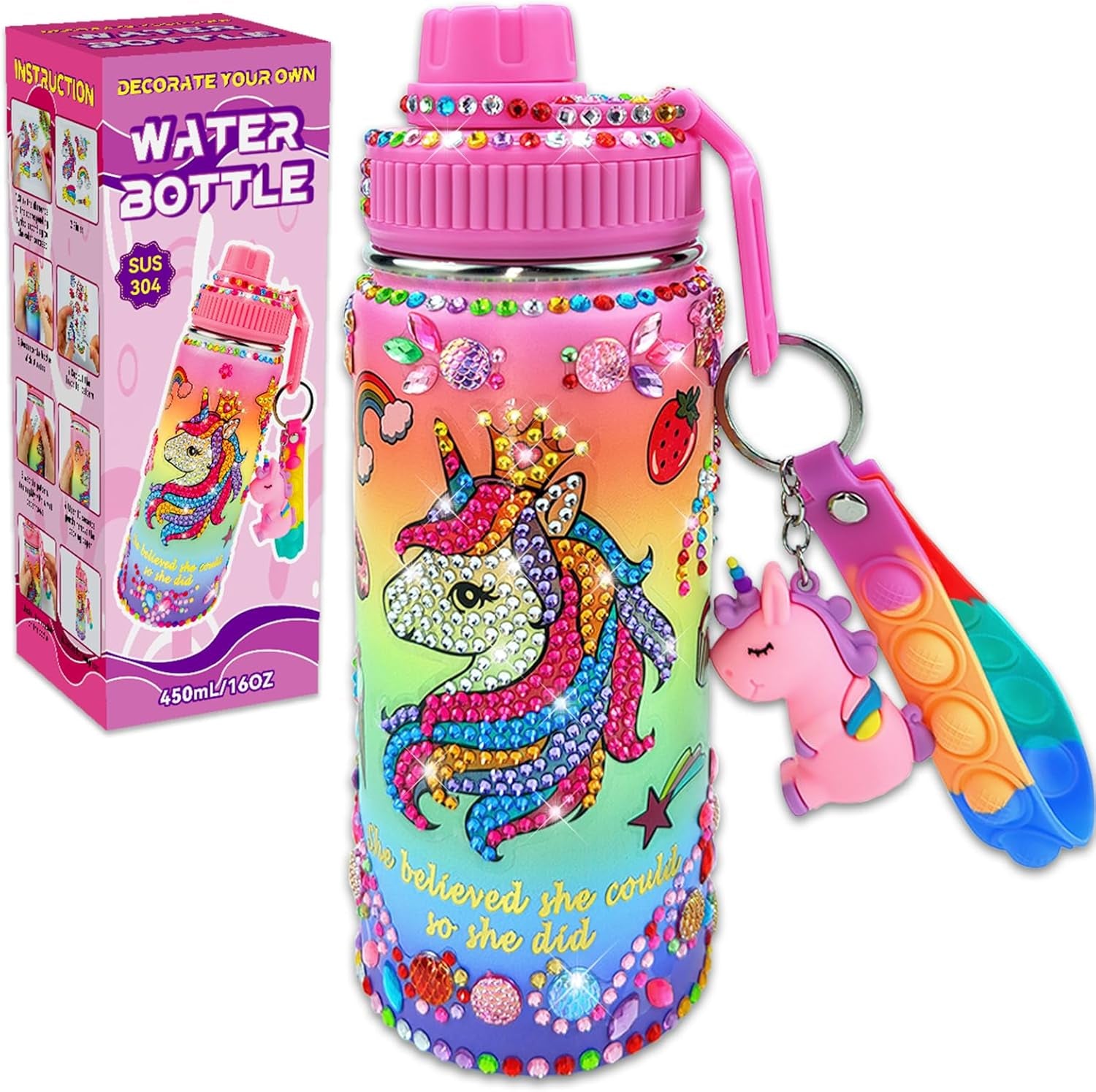 Decorate Your Own Water Bottle Kits for Girls Age 4-6-8-10 (Stainless Steel),Unicorn Themed Painting Crafts,Fun Arts and Crafts Gifts Toys for Girls Birthday Christmas