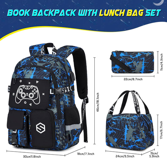 Boys Backpack, Cool Luminous School Backpacks for Boys with Lunch Bag Pencil Case, Kids Backpack Kindergarten Elementary Middle School Book Bags for Teen Boy Children with USB Charging Port
