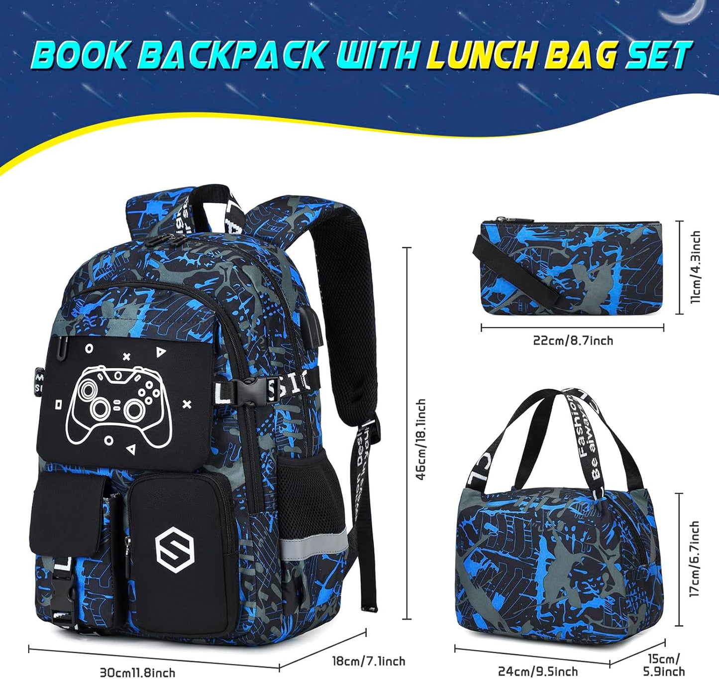 Boys Backpack, Cool Luminous School Backpacks for Boys with Lunch Bag Pencil Case, Kids Backpack Kindergarten Elementary Middle School Book Bags for Teen Boy Children with USB Charging Port
