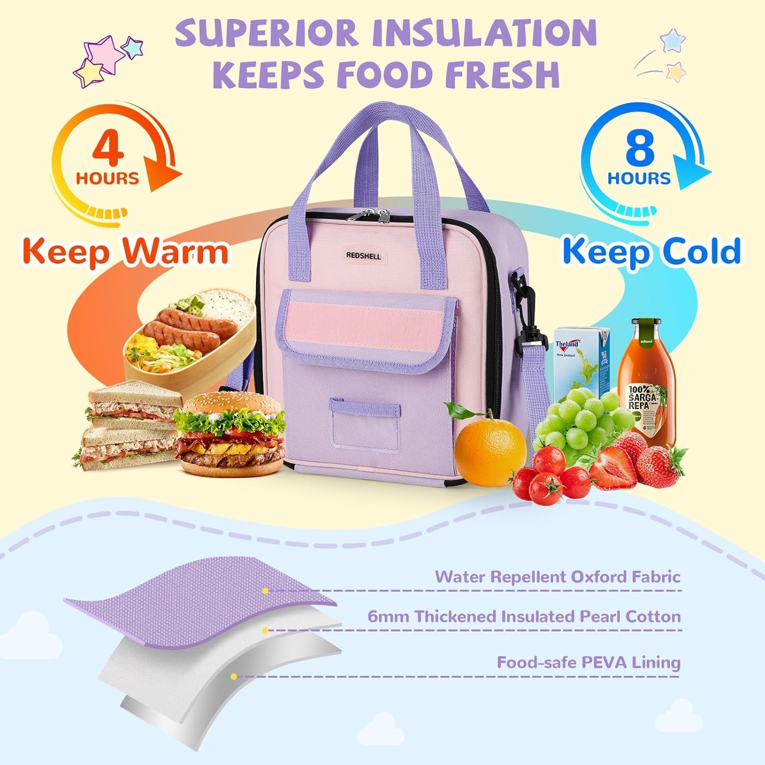 Tactical Lunch Box Kids, Large Insulated Lunch Bag for Girls, Cooler Lunchbag, Square Toddler Lunchbox, Back to School Daycare Lunch Tote Pail with Water Bottle Holder Shoulder Strap, Purple